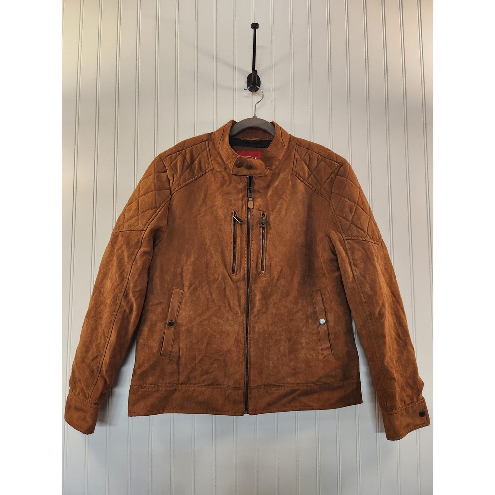 NEW Guess Mens Faux Suede Quilted Moto Cafe Racer Jacket Cognac Brown Medium